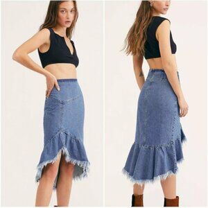 Free People Denim Hi/Low Raw Hem Ruffle Skirt Size 10 NEW WITH TAGS